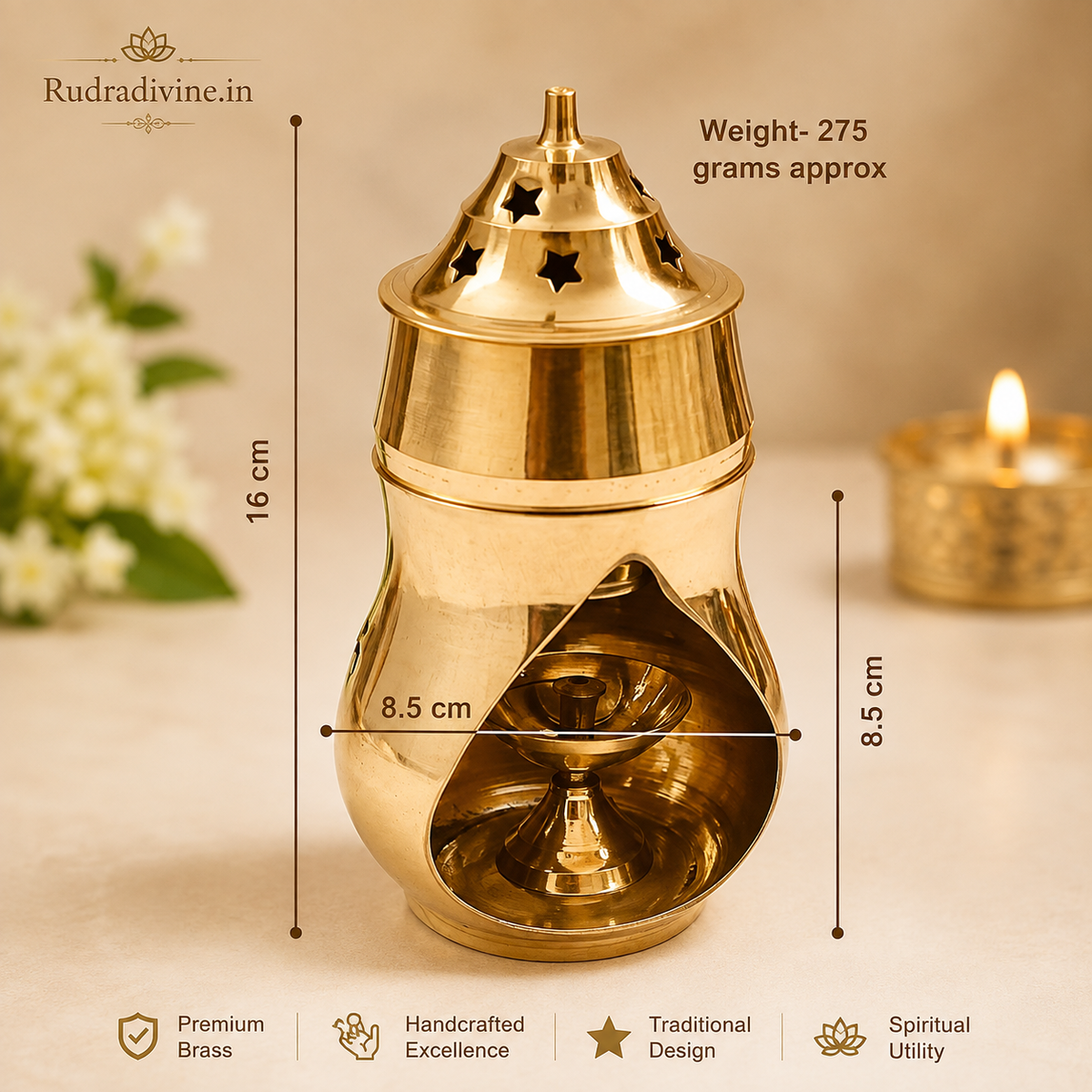 Brass Kapur Lamp 275GM by Rudradivine, traditional camphor burner for daily pooja, aarti, home temple and spiritual worship rituals.