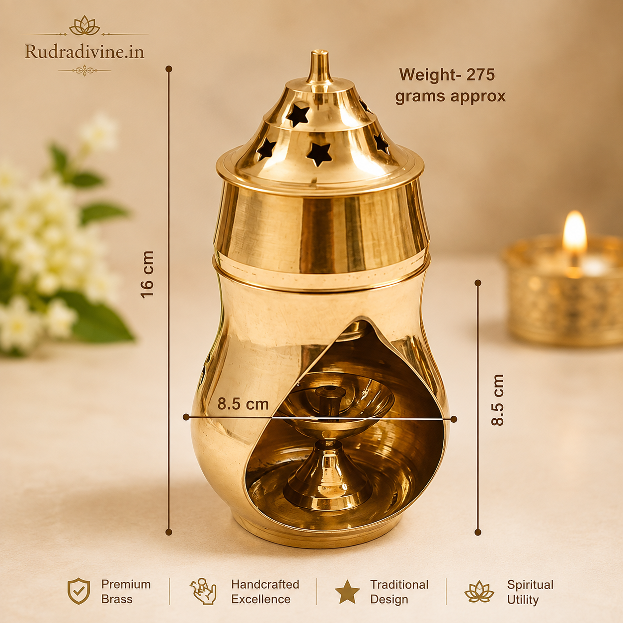 Brass Kapur Lamp 275GM by Rudradivine, traditional camphor burner for daily pooja, aarti, home temple and spiritual worship rituals.