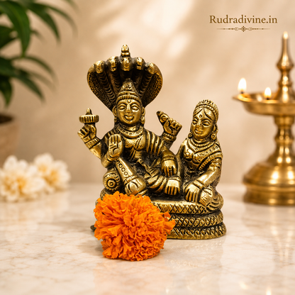 Brass Laxmi Narayan Idol featuring Lord Vishnu and Goddess Lakshmi in premium brass with official Lab Certificate by Rudradivine for home temple, prosperity, devotion and daily puja.