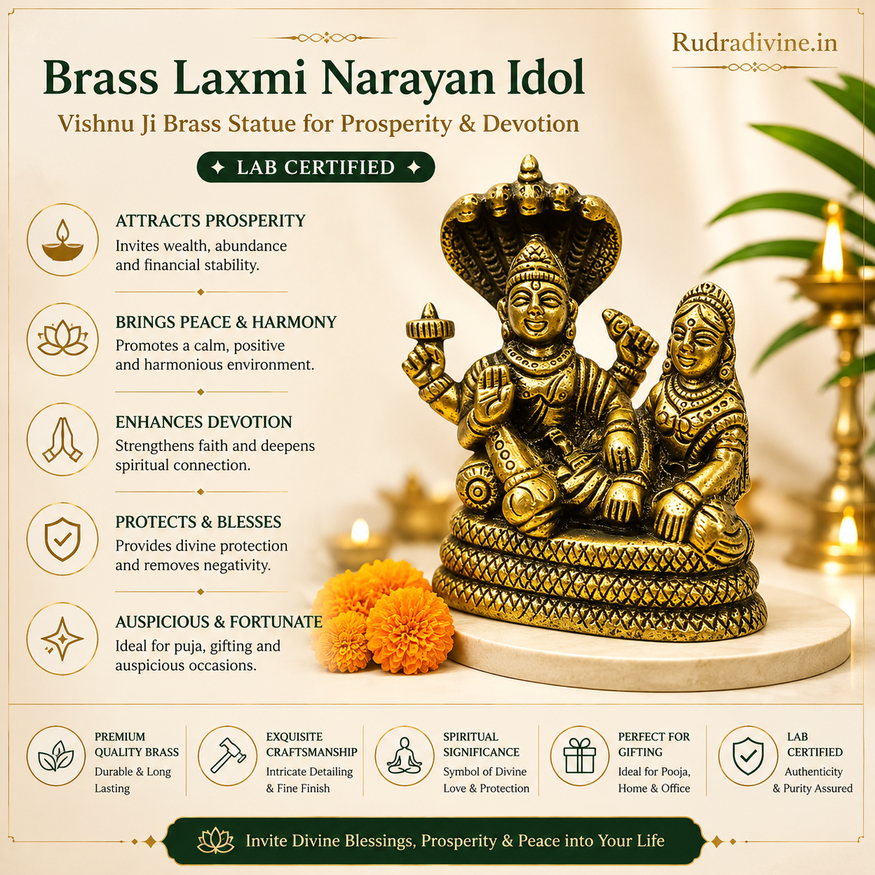 Brass Laxmi Narayan Idol featuring Lord Vishnu and Goddess Lakshmi in premium brass with official Lab Certificate by Rudradivine for home temple, prosperity, devotion and daily puja.
