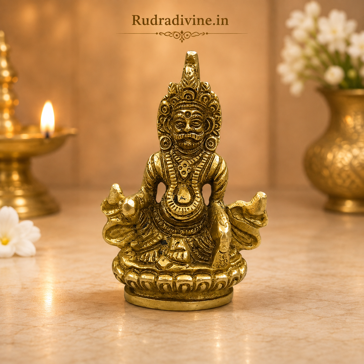 Brass Lord Kubera Statue crafted in premium brass with official Lab Certificate by Rudradivine for wealth, prosperity, success, home temple, office and daily worship.