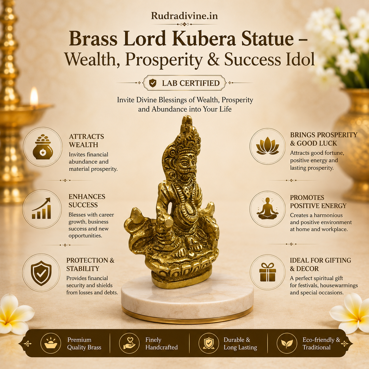 Brass Lord Kubera Statue crafted in premium brass with official Lab Certificate by Rudradivine for wealth, prosperity, success, home temple, office and daily worship.