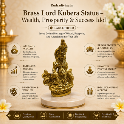 Brass Lord Kubera Statue crafted in premium brass with official Lab Certificate by Rudradivine for wealth, prosperity, success, home temple, office and daily worship.