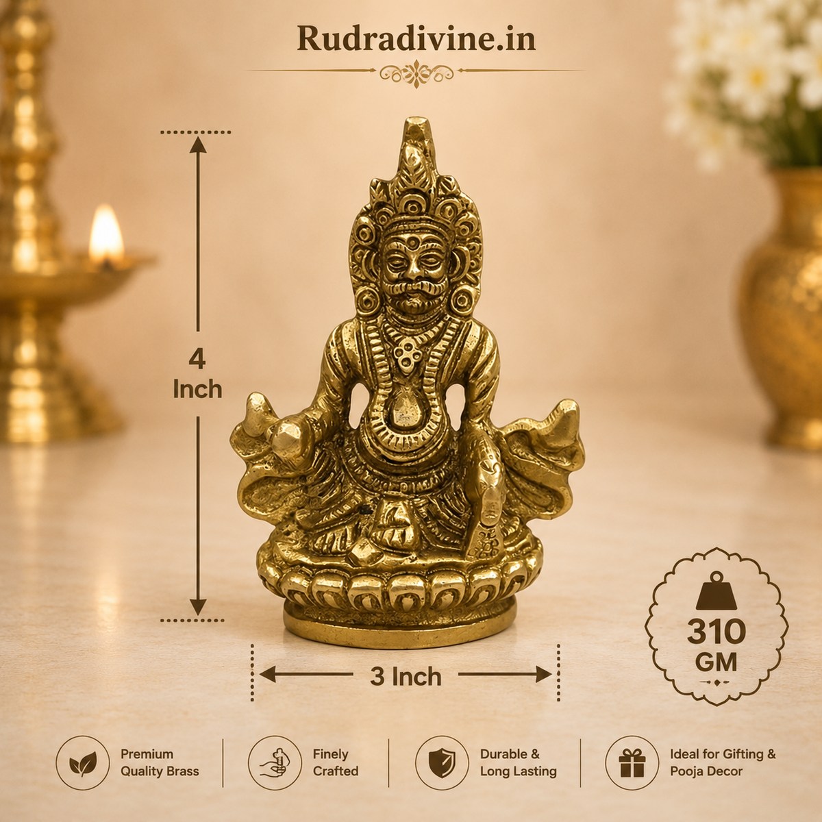 Brass Lord Kubera Statue crafted in premium brass with official Lab Certificate by Rudradivine for wealth, prosperity, success, home temple, office and daily worship.
