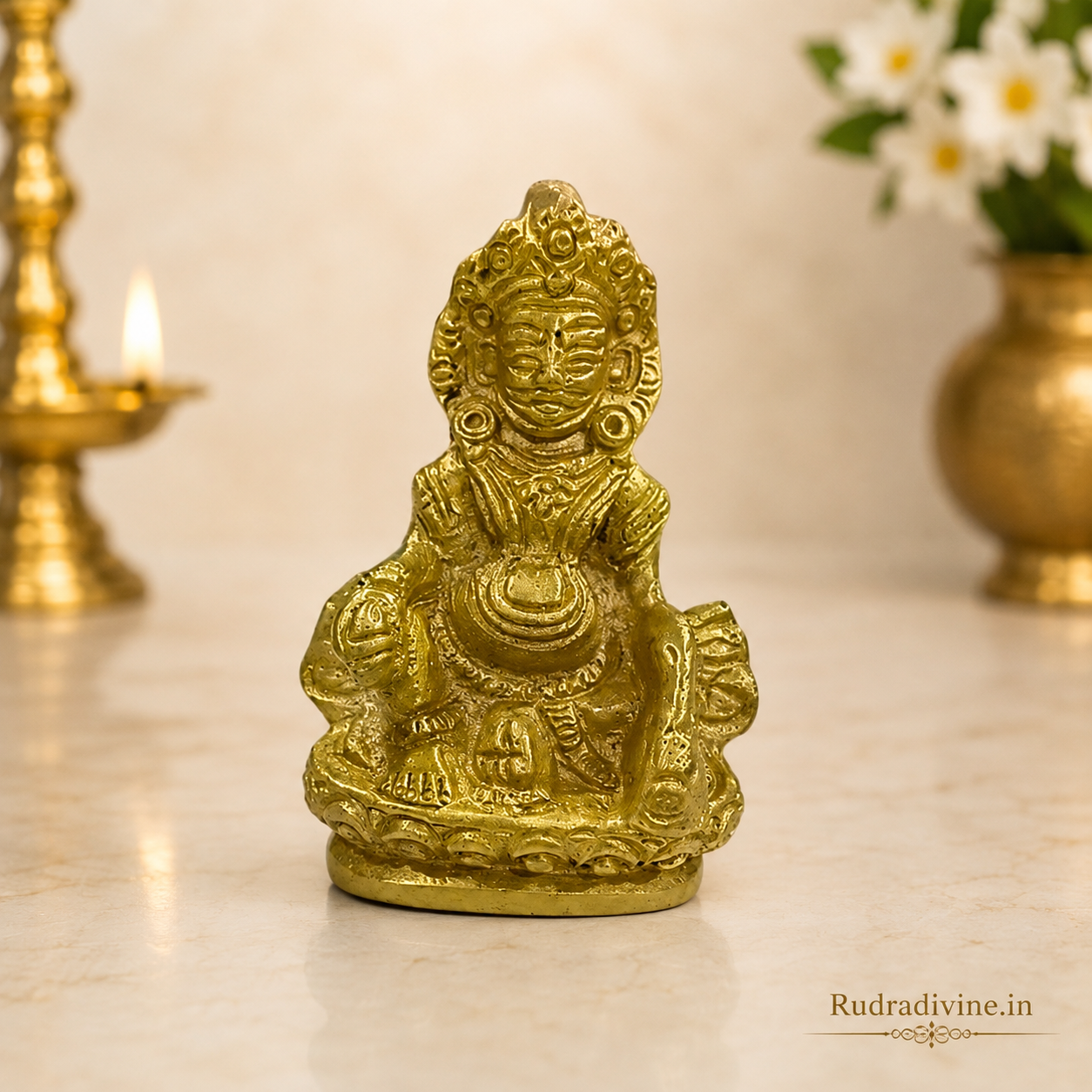 Brass Lord Kubera Statue crafted in premium brass with official Lab Certificate by Rudradivine for wealth, prosperity, success, home temple, office and daily worship.