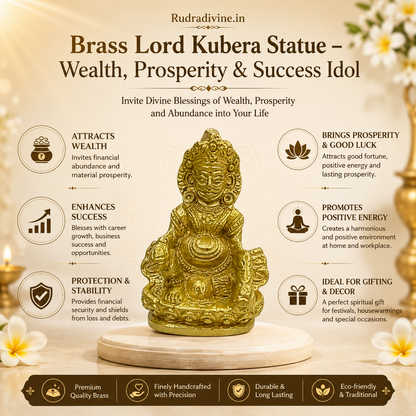 Brass Lord Kubera Statue crafted in premium brass with official Lab Certificate by Rudradivine for wealth, prosperity, success, home temple, office and daily worship.