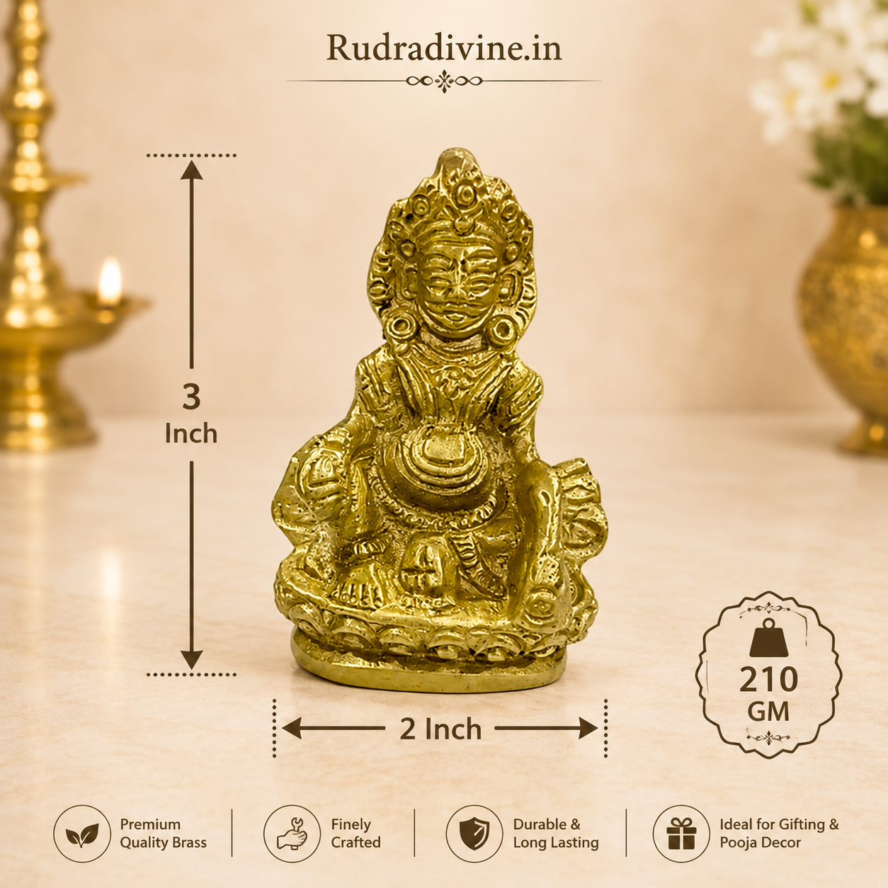 Brass Lord Kubera Statue crafted in premium brass with official Lab Certificate by Rudradivine for wealth, prosperity, success, home temple, office and daily worship.