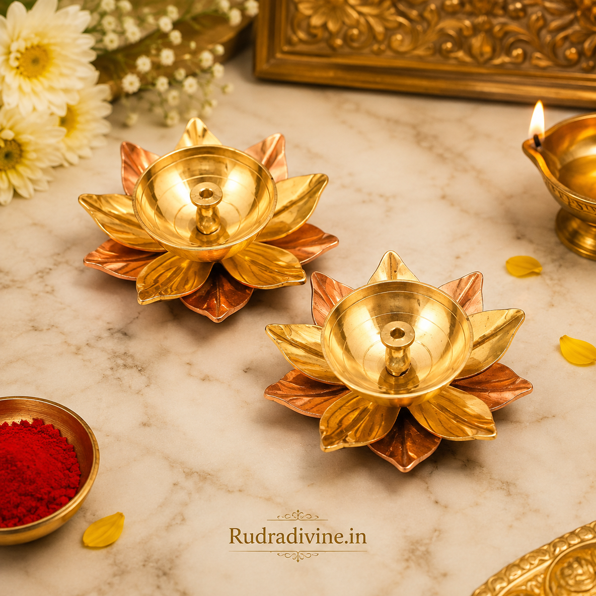 Akhand Jyot Brass Lotus Shape Set of 2, traditional spiritual pooja diyas designed for Mandir, daily prayer, festivals and religious rituals by Rudradivine.