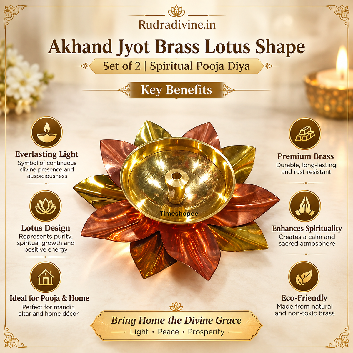 Akhand Jyot Brass Lotus Shape Set of 2, traditional spiritual pooja diyas designed for Mandir, daily prayer, festivals and religious rituals by Rudradivine.