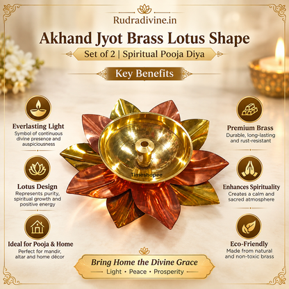 Akhand Jyot Brass Lotus Shape Set of 2, traditional spiritual pooja diyas designed for Mandir, daily prayer, festivals and religious rituals by Rudradivine.
