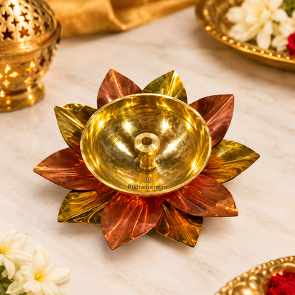 Akhand Jyot Brass Lotus Shape Set of 2, traditional spiritual pooja diyas designed for Mandir, daily prayer, festivals and religious rituals by Rudradivine.