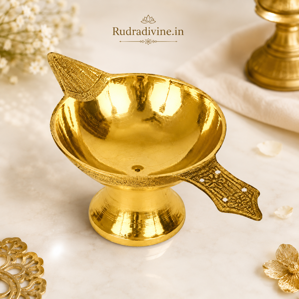 Brass Oil Lamp crafted in traditional brass design for pooja, temple aarti, diya lighting and daily worship by Rudradivine.