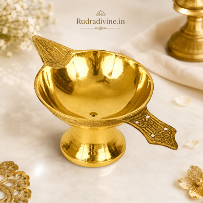 Brass Oil Lamp crafted in traditional brass design for pooja, temple aarti, diya lighting and daily worship by Rudradivine.
