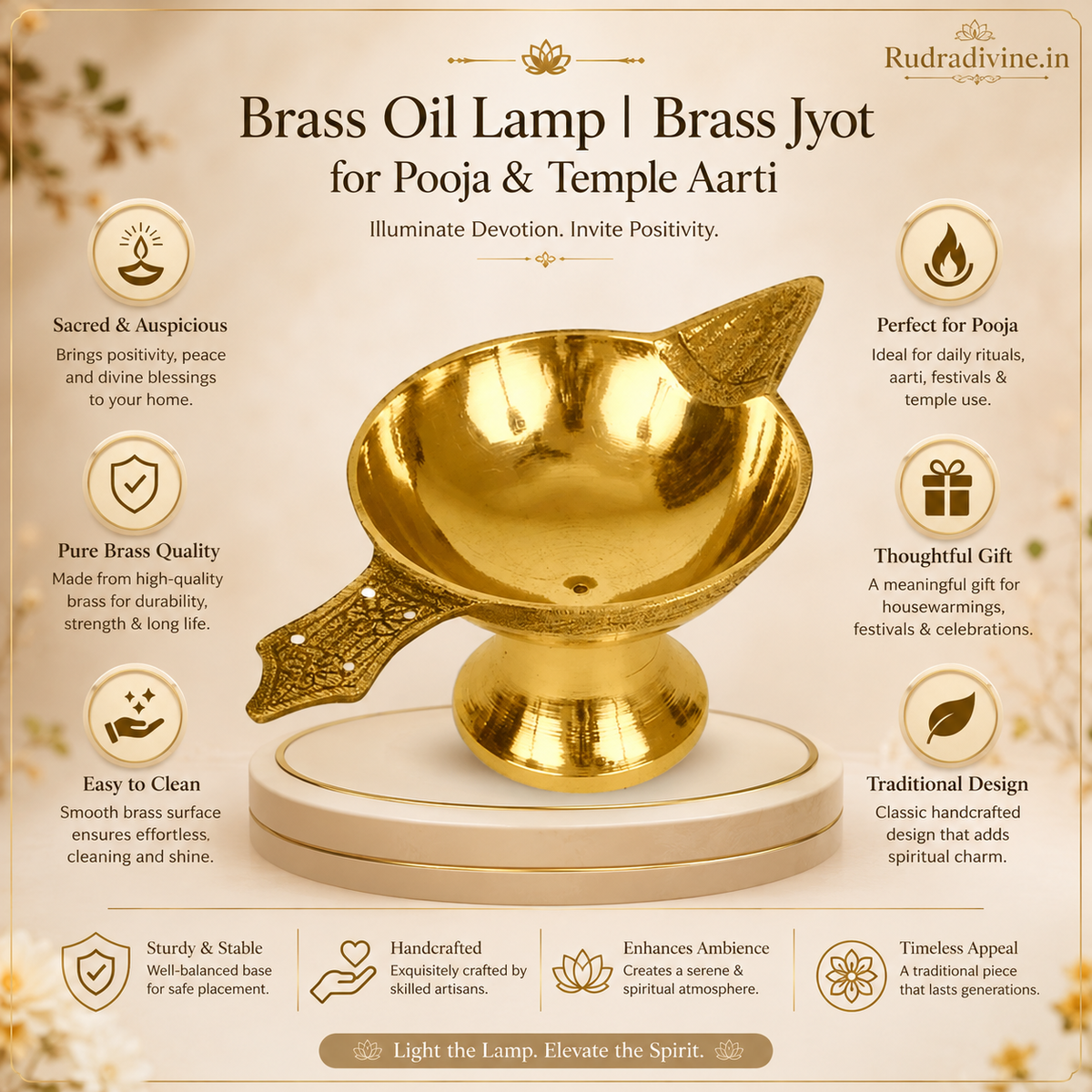Brass Oil Lamp crafted in traditional brass design for pooja, temple aarti, diya lighting and daily worship by Rudradivine.