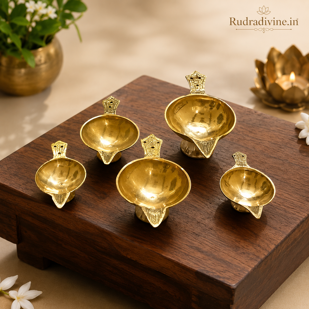 Brass Oil Lamp crafted in traditional brass design for pooja, temple aarti, diya lighting and daily worship by Rudradivine.