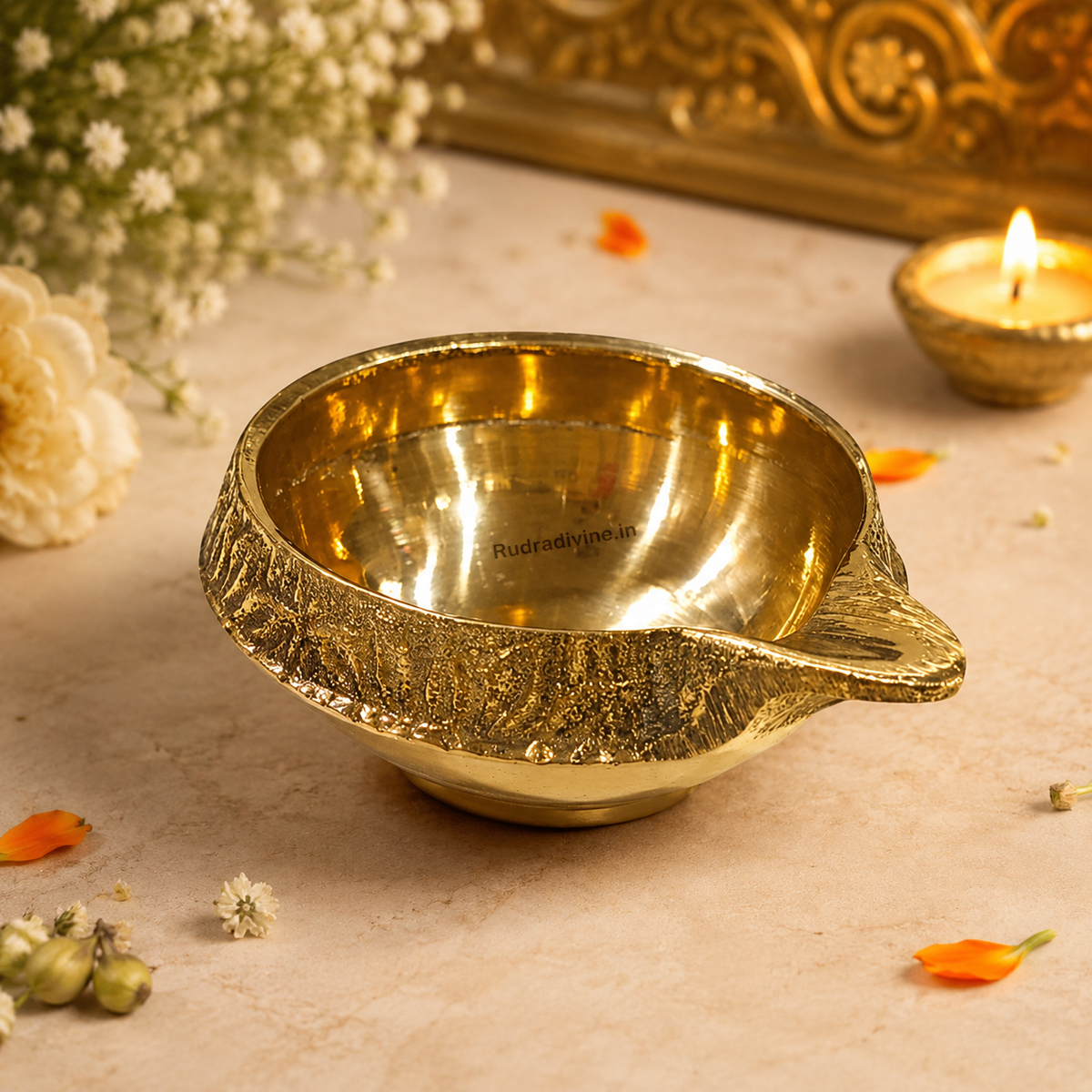 Brass Oil Lamp Pooja Diya by Rudradivine, traditional brass temple lamp for daily prayer, festival Aarti, home mandir and spiritual rituals.