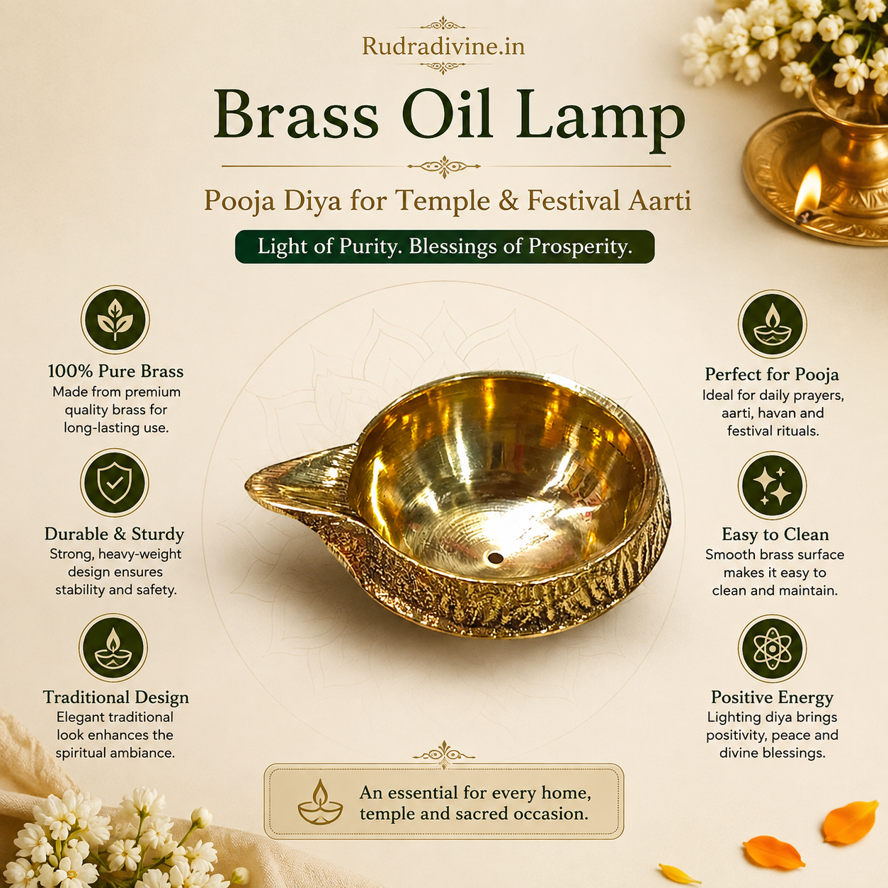 Brass Oil Lamp Pooja Diya by Rudradivine, traditional brass temple lamp for daily prayer, festival Aarti, home mandir and spiritual rituals.