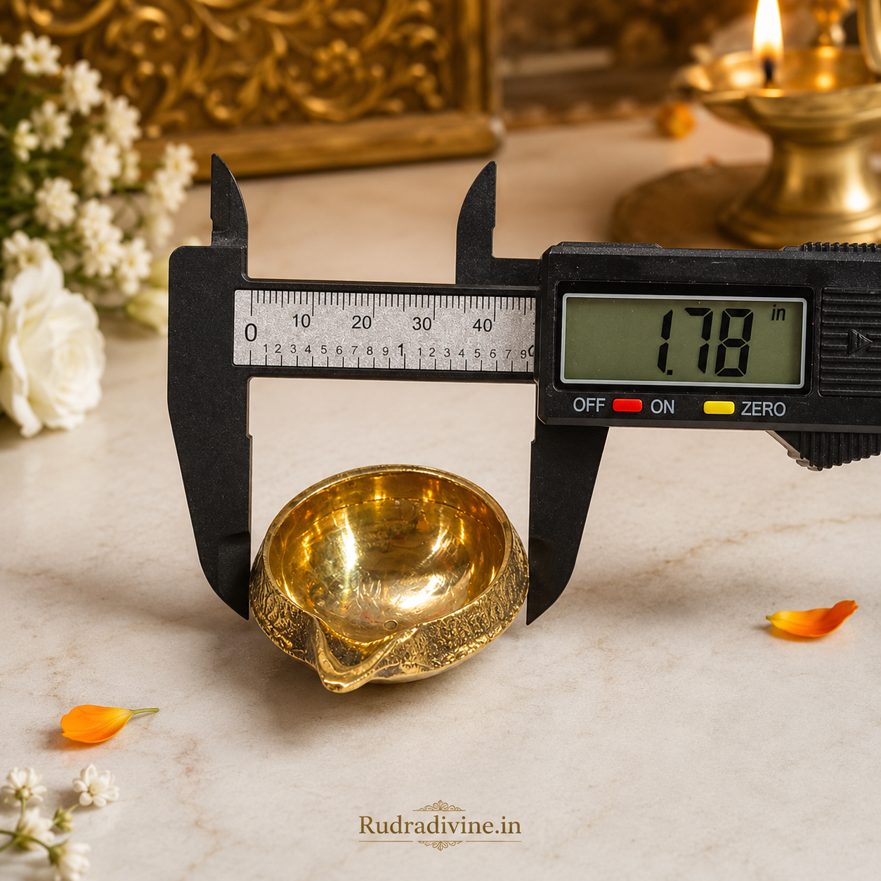 Brass Oil Lamp Pooja Diya by Rudradivine, traditional brass temple lamp for daily prayer, festival Aarti, home mandir and spiritual rituals.
