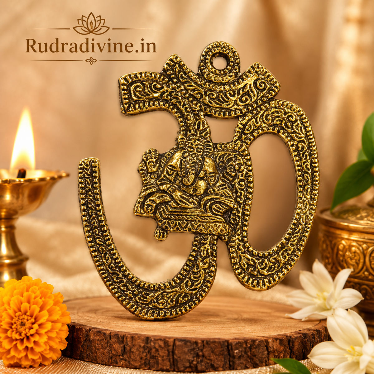 Brass Om Wall Hanging by Rudradivine, sacred Om symbol decorative item for temple, pooja room, home and office wall décor with traditional spiritual appeal.