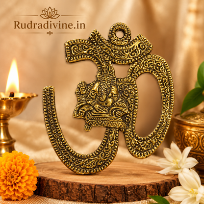 Brass Om Wall Hanging by Rudradivine, sacred Om symbol decorative item for temple, pooja room, home and office wall décor with traditional spiritual appeal.