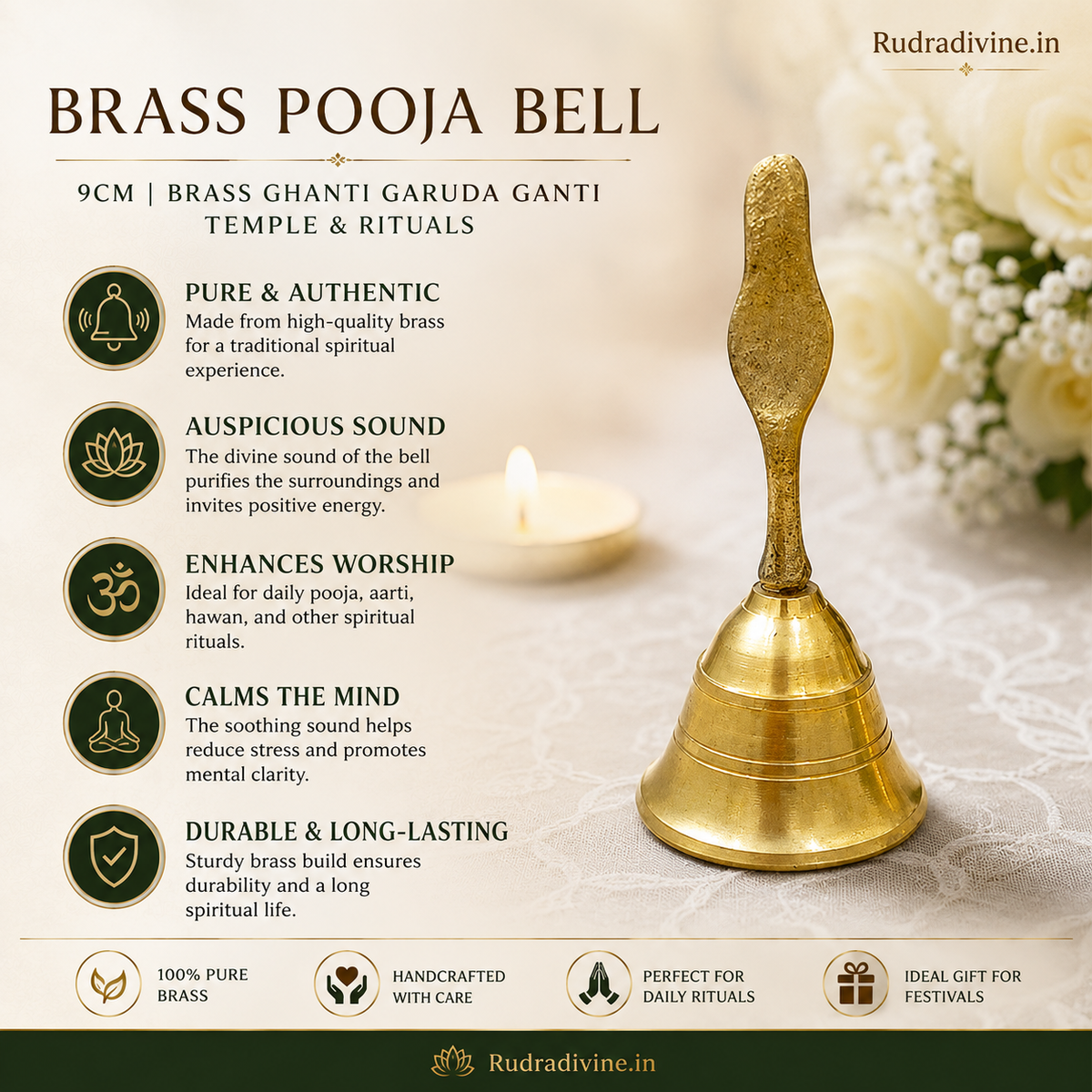 Brass Pooja Bell 9CM traditional Garuda Ghanti for temple worship, puja and rituals by Rudradivine, designed for home temple and spiritual use.
