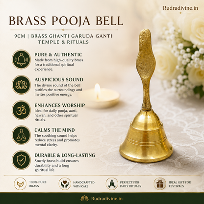 Brass Pooja Bell 9CM traditional Garuda Ghanti for temple worship, puja and rituals by Rudradivine, designed for home temple and spiritual use.