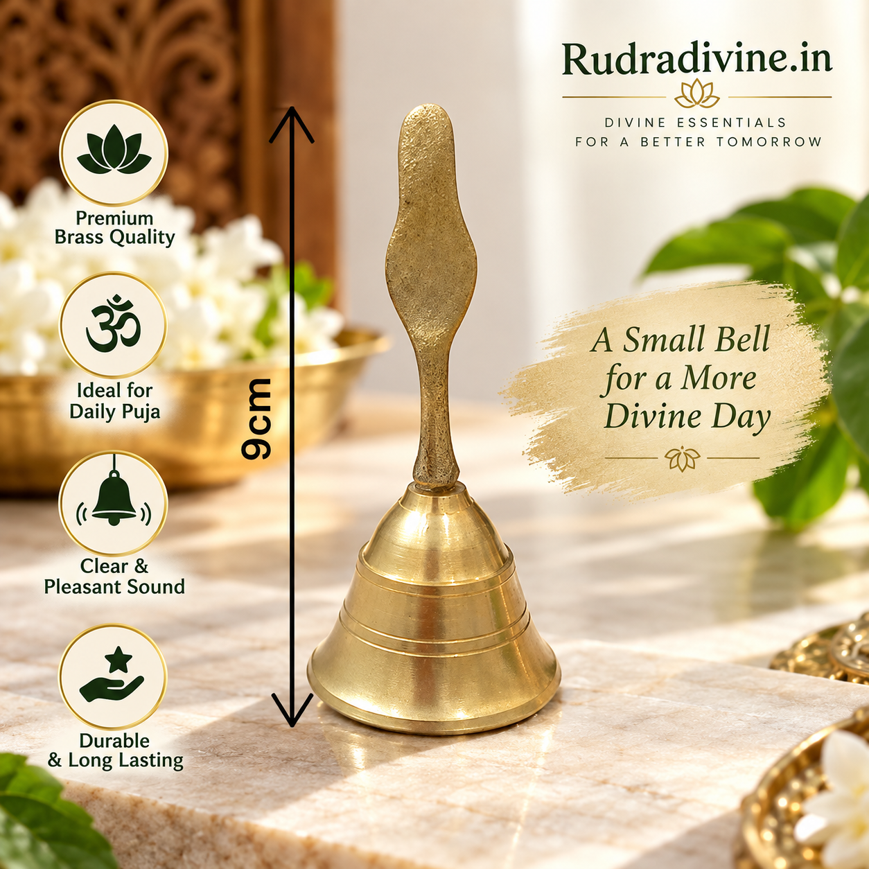 Brass Pooja Bell 9CM traditional Garuda Ghanti for temple worship, puja and rituals by Rudradivine, designed for home temple and spiritual use.