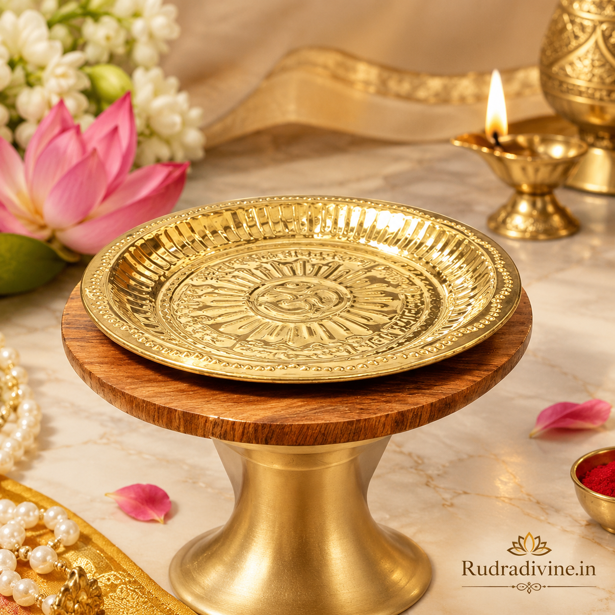 Brass Pooja Thali for puja, temple and religious use, featuring a traditional brass plate design by Rudradivine for daily worship, offerings and spiritual rituals.