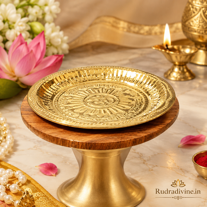 Brass Pooja Thali for puja, temple and religious use, featuring a traditional brass plate design by Rudradivine for daily worship, offerings and spiritual rituals.