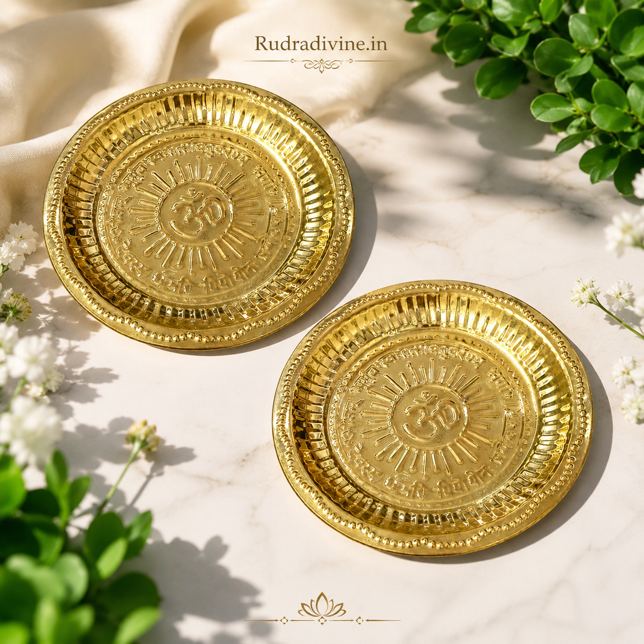 Brass Pooja Thali for puja, temple and religious use, featuring a traditional brass plate design by Rudradivine for daily worship, offerings and spiritual rituals.
