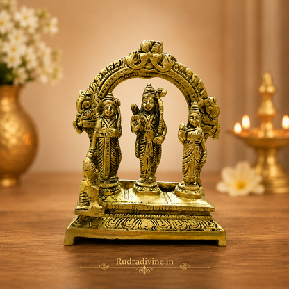 Brass Ram Darbar Murti Idol featuring Shri Ram, Mata Sita, Lakshman and Hanuman with official Lab Certificate by Rudradivine for home temple, daily puja and spiritual décor.