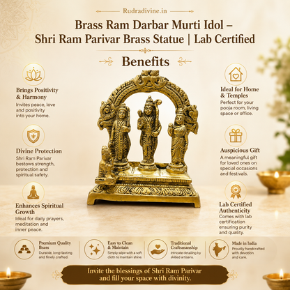 Brass Ram Darbar Murti Idol featuring Shri Ram, Mata Sita, Lakshman and Hanuman with official Lab Certificate by Rudradivine for home temple, daily puja and spiritual décor.
