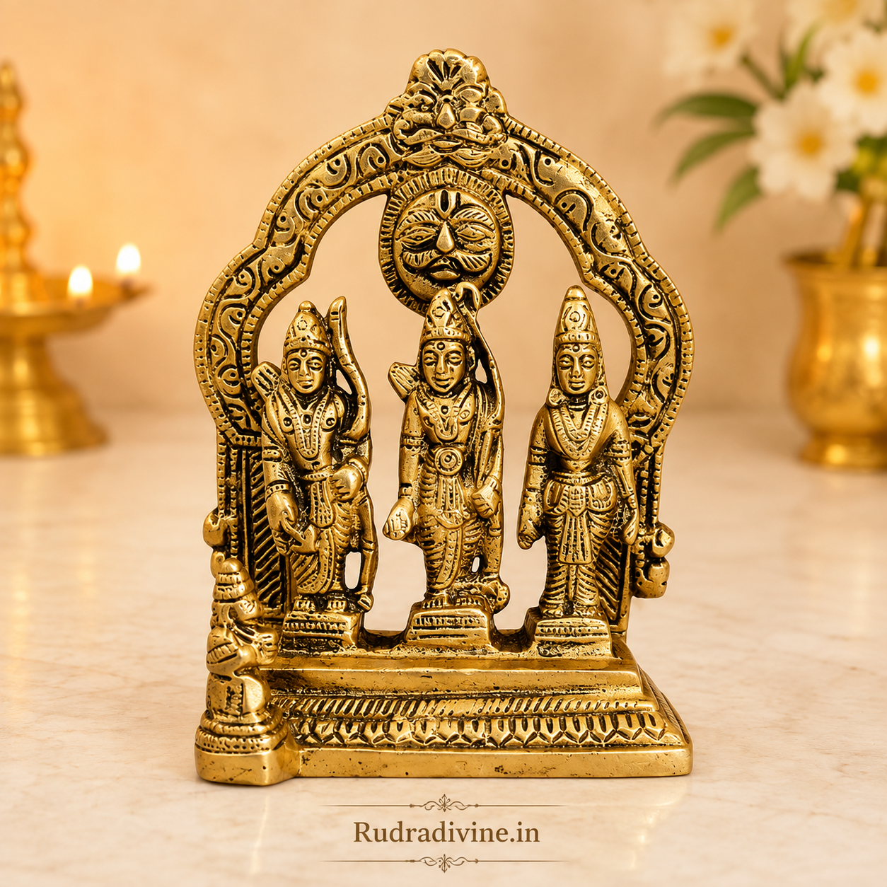 Brass Ram Darbar Murti featuring Shri Ram, Mata Sita, Lakshman and Hanuman with official Lab Certificate by Rudradivine for home temple, daily puja and spiritual décor.