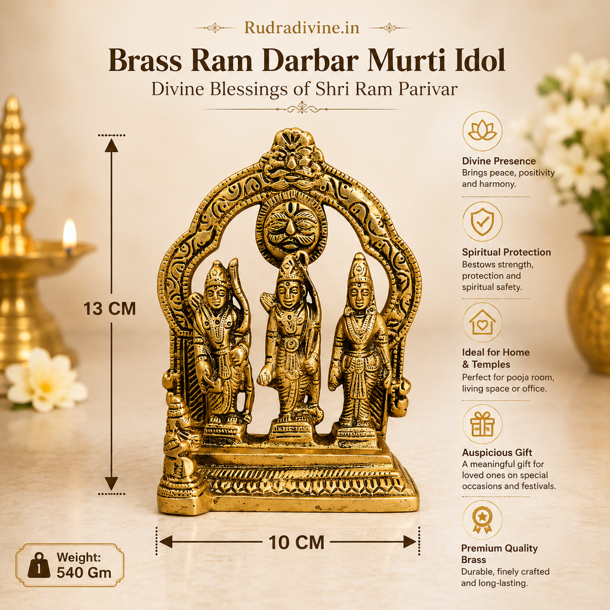 Brass Ram Darbar Murti featuring Shri Ram, Mata Sita, Lakshman and Hanuman with official Lab Certificate by Rudradivine for home temple, daily puja and spiritual décor.