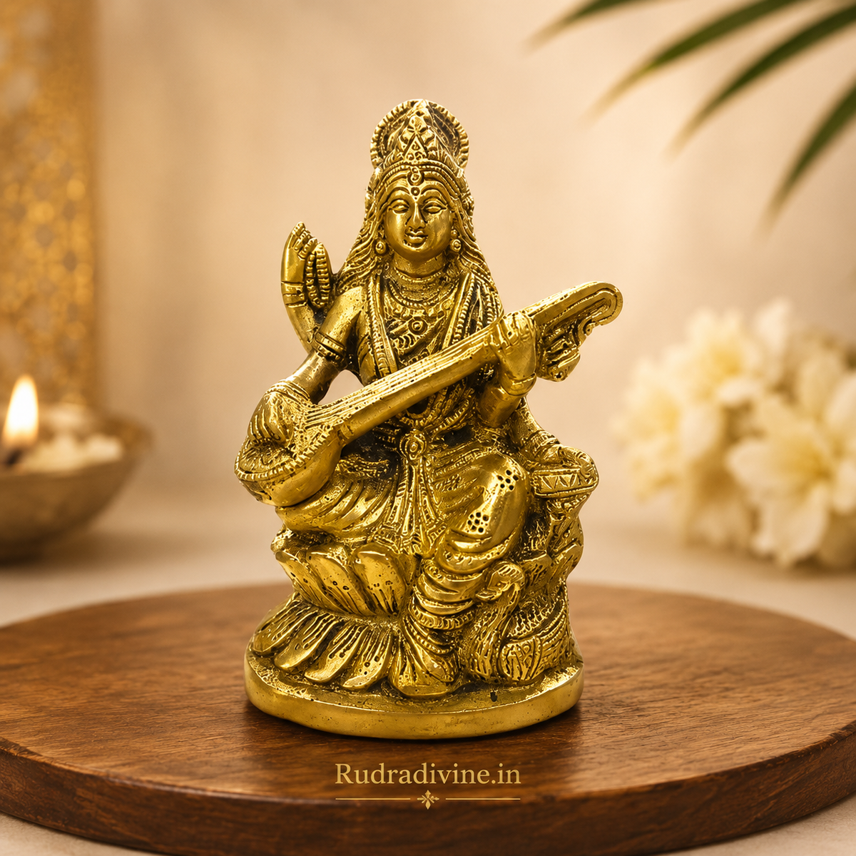 Brass Saraswati Murti featuring Maa Saraswati with Veena, crafted in premium brass with official Lab Certificate by Rudradivine for home temple, study room and daily puja.