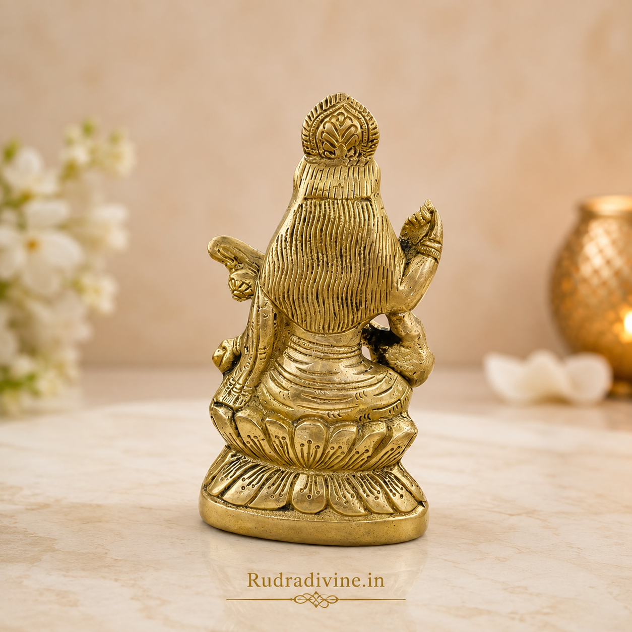 Brass Saraswati Murti featuring Maa Saraswati with Veena, crafted in premium brass with official Lab Certificate by Rudradivine for home temple, study room and daily puja.