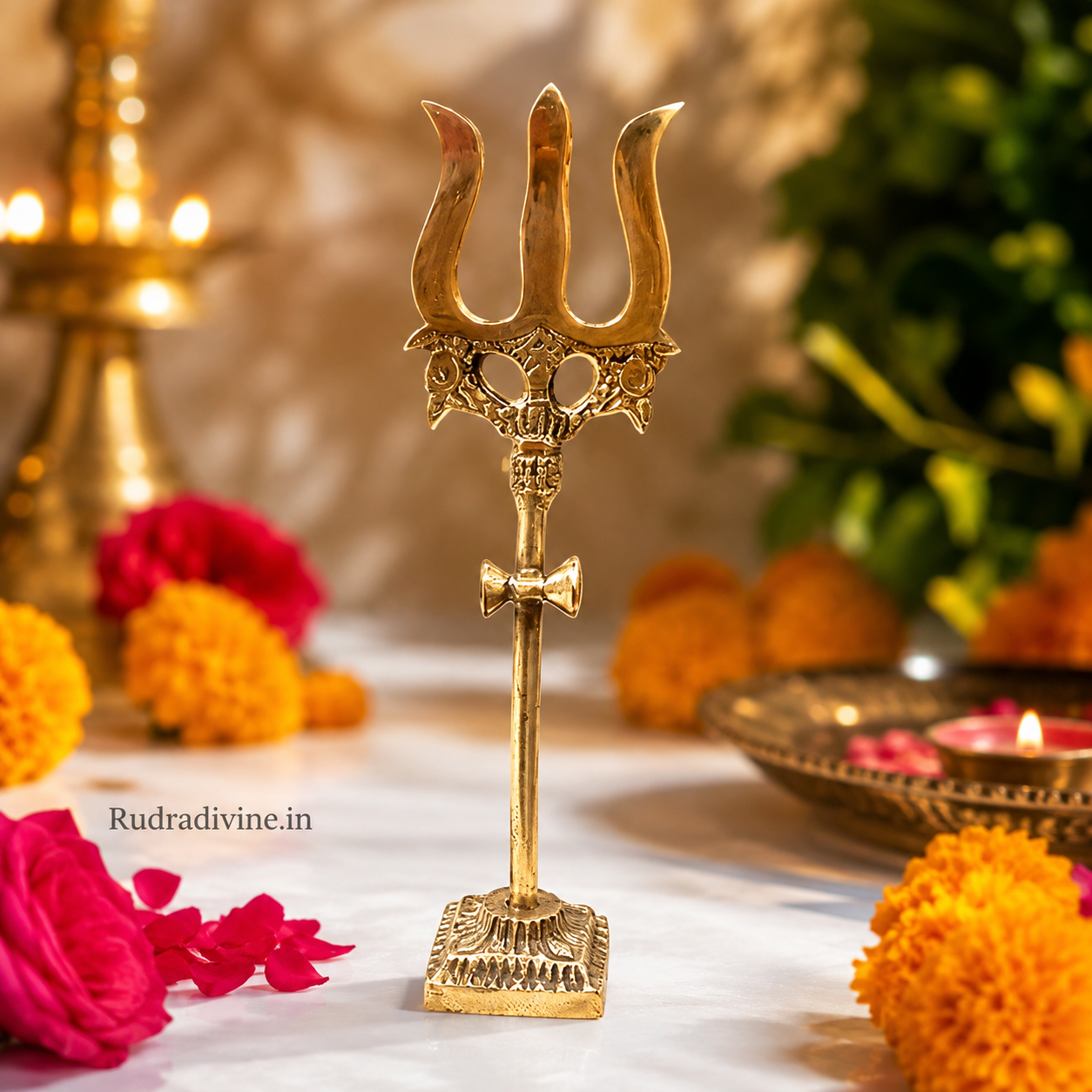 Brass Trishul with Damru handcrafted decorative figurine by Rudradivine, featuring traditional Lord Shiva symbolism for pooja room, temple and spiritual home décor.