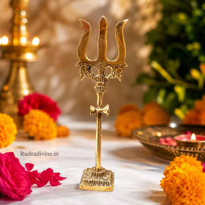 Brass Trishul with Damru handcrafted decorative figurine by Rudradivine, featuring traditional Lord Shiva symbolism for pooja room, temple and spiritual home décor.