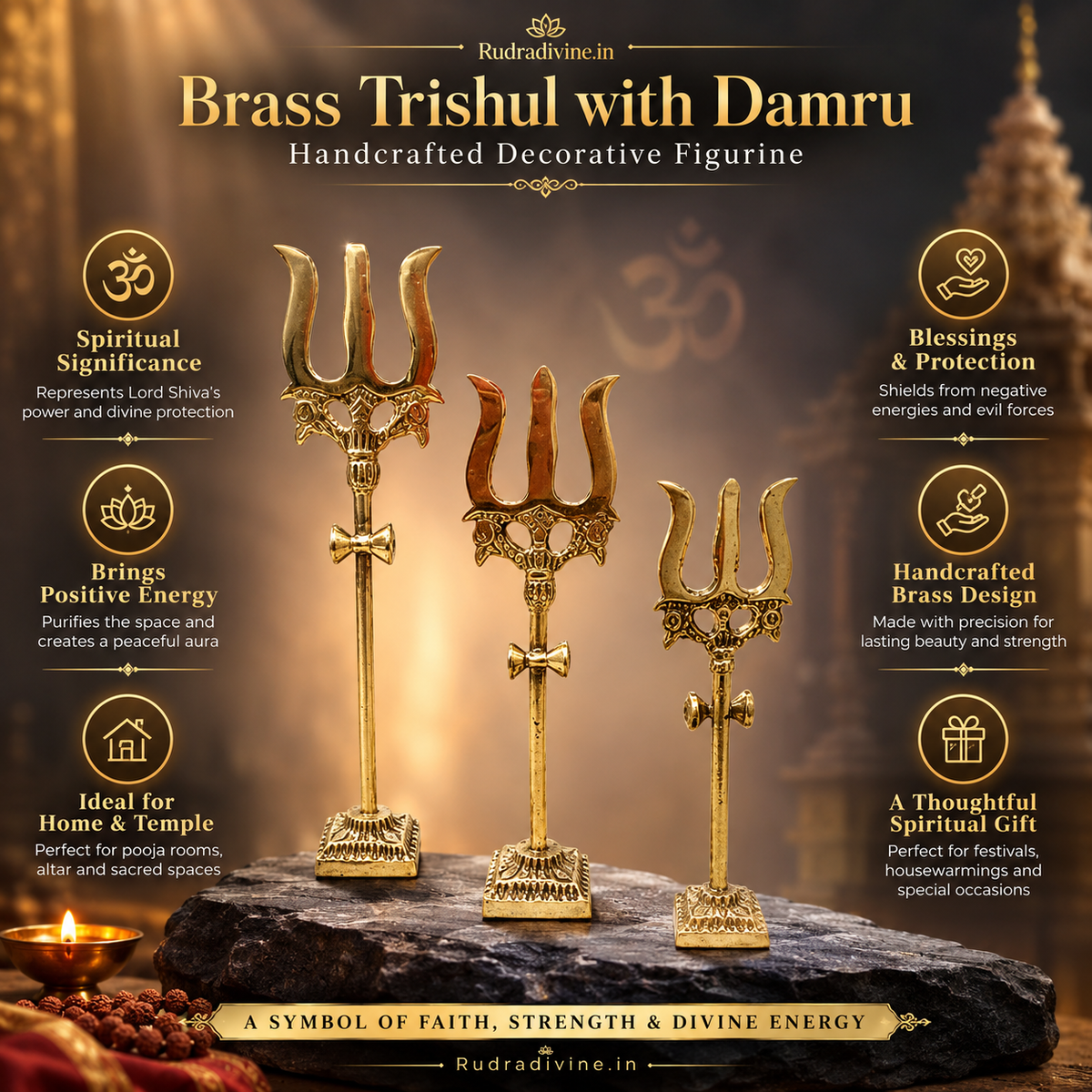 Brass Trishul with Damru handcrafted decorative figurine by Rudradivine, featuring traditional Lord Shiva symbolism for pooja room, temple and spiritual home décor.