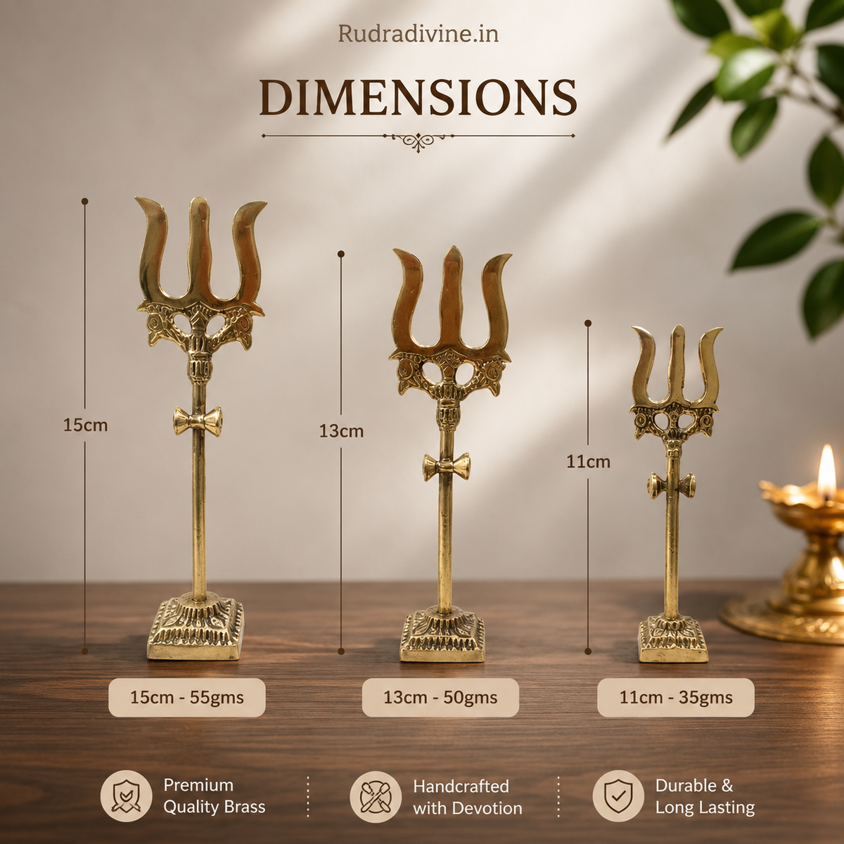 Brass Trishul with Damru handcrafted decorative figurine by Rudradivine, featuring traditional Lord Shiva symbolism for pooja room, temple and spiritual home décor.