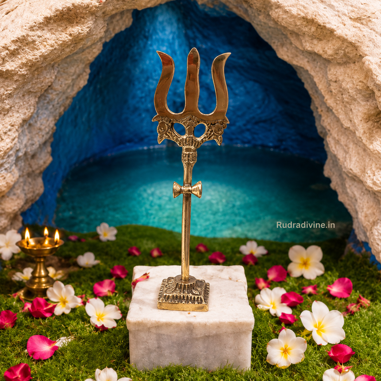 Brass Trishul with Damru handcrafted decorative figurine by Rudradivine, featuring traditional Lord Shiva symbolism for pooja room, temple and spiritual home décor.