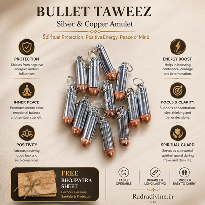Bullet Taweez in Silver & Copper with Free Bhojpatra Sheet, traditional spiritual amulet by Rudradivine for puja, devotion and everyday spiritual wear.