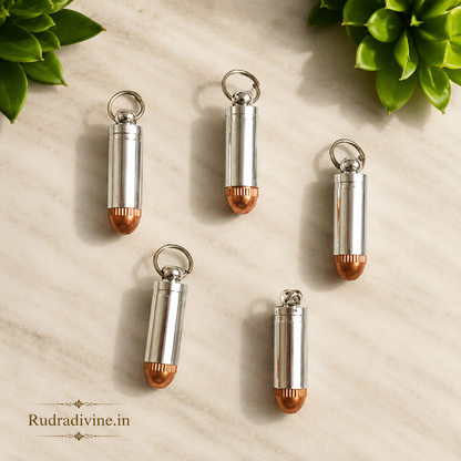 Bullet Taweez in Silver & Copper with Free Bhojpatra Sheet, traditional spiritual amulet by Rudradivine for puja, devotion and everyday spiritual wear.