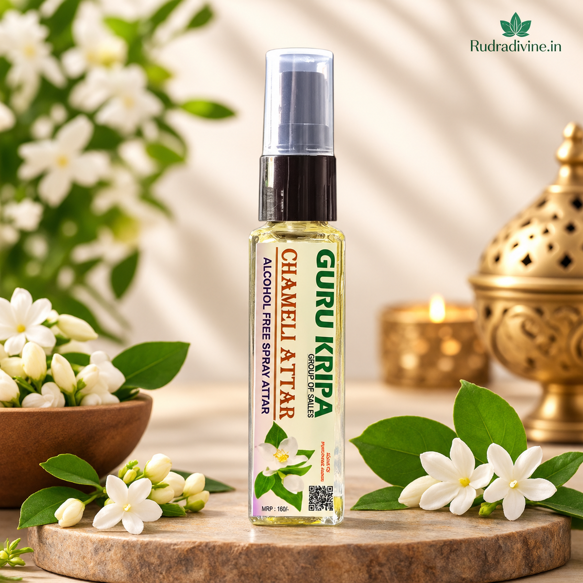 Chameli Spray Attar 25ml with natural jasmine floral fragrance by Rudradivine, alcohol-free long-lasting perfume for puja, meditation, prayer, home & daily use.