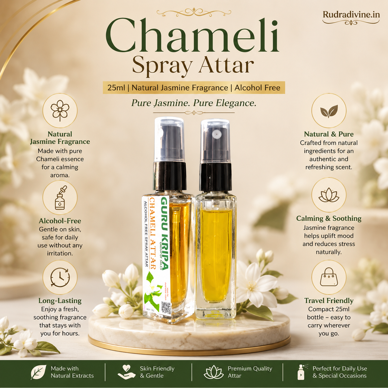 Chameli Spray Attar 25ml with natural jasmine floral fragrance by Rudradivine, alcohol-free long-lasting perfume for puja, meditation, prayer, home & daily use.