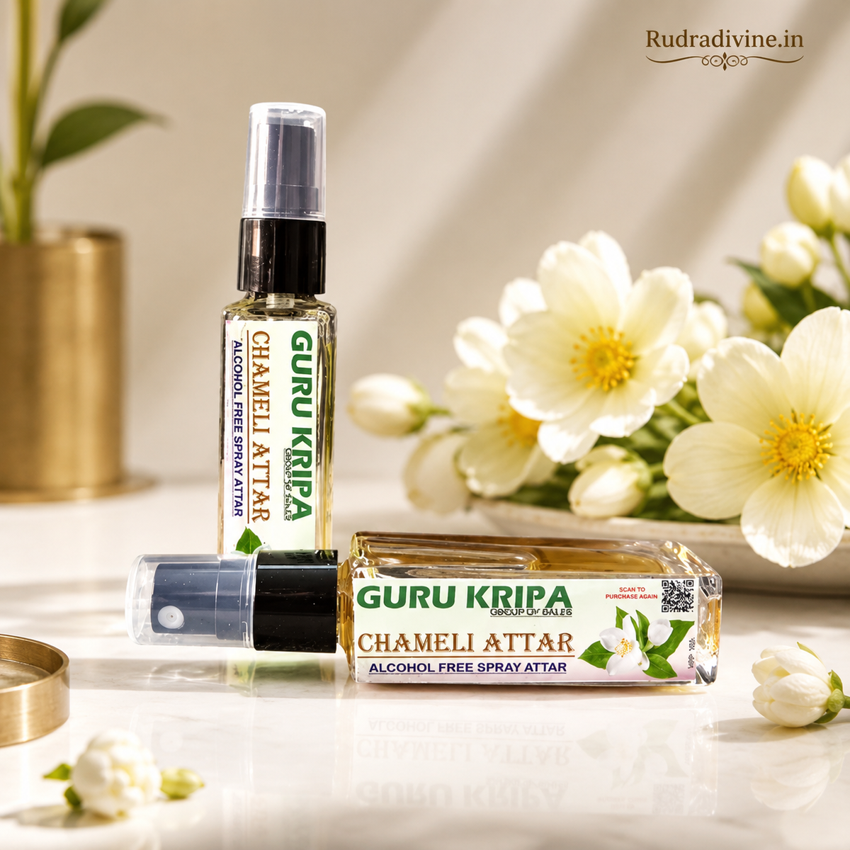 Chameli Spray Attar 25ml with natural jasmine floral fragrance by Rudradivine, alcohol-free long-lasting perfume for puja, meditation, prayer, home & daily use.