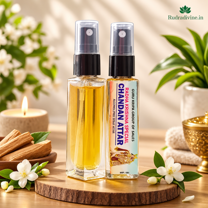 Chandan Spray Attar 25ml with natural sandalwood & floral fragrance by Rudradivine, long-lasting perfume suitable for puja, meditation, prayer, home & daily use.
