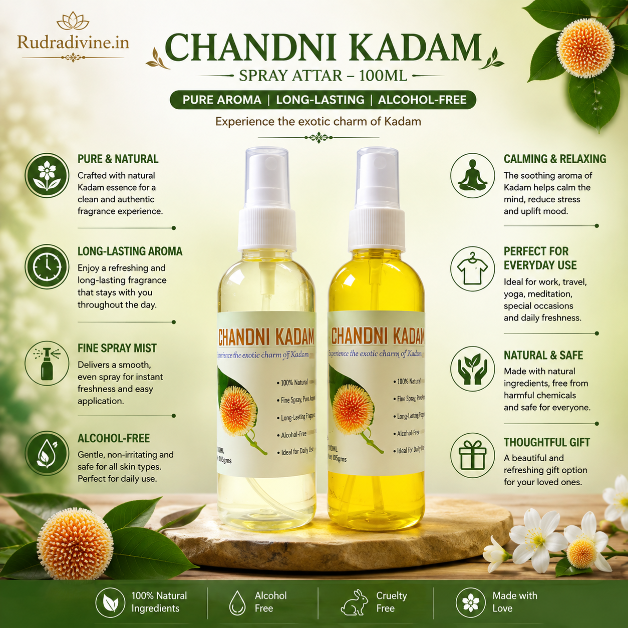 Chandni Kadam Spray Attar 100ml with pure floral aroma, long-lasting fragrance, alcohol-free formula and convenient spray bottle by Rudradivine.