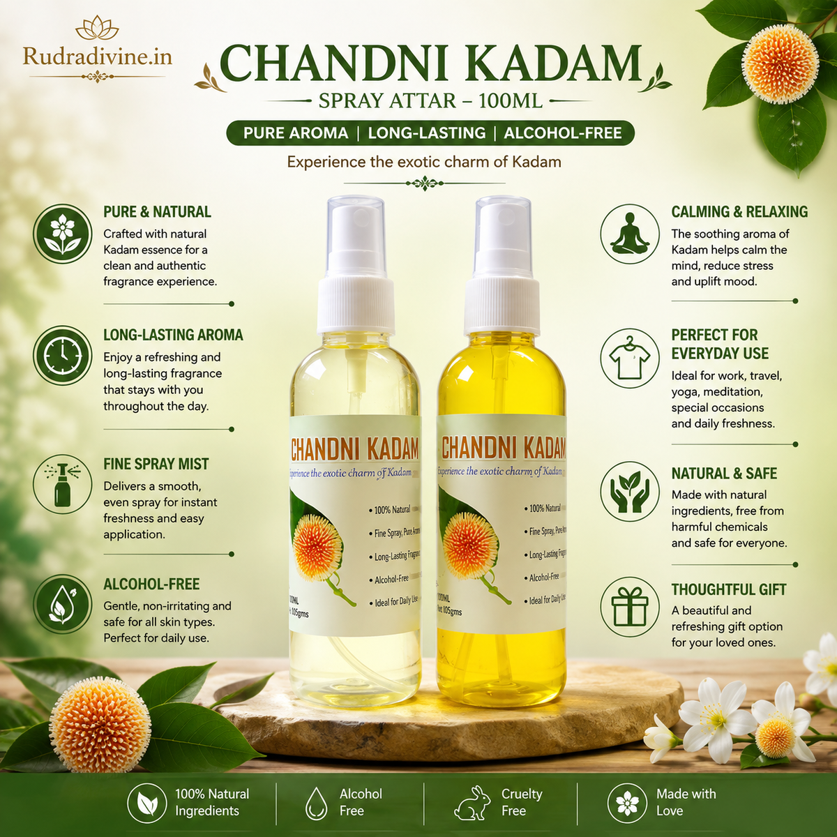 Chandni Kadam Spray Attar 100ml with pure floral aroma, long-lasting fragrance, alcohol-free formula and convenient spray bottle by Rudradivine.