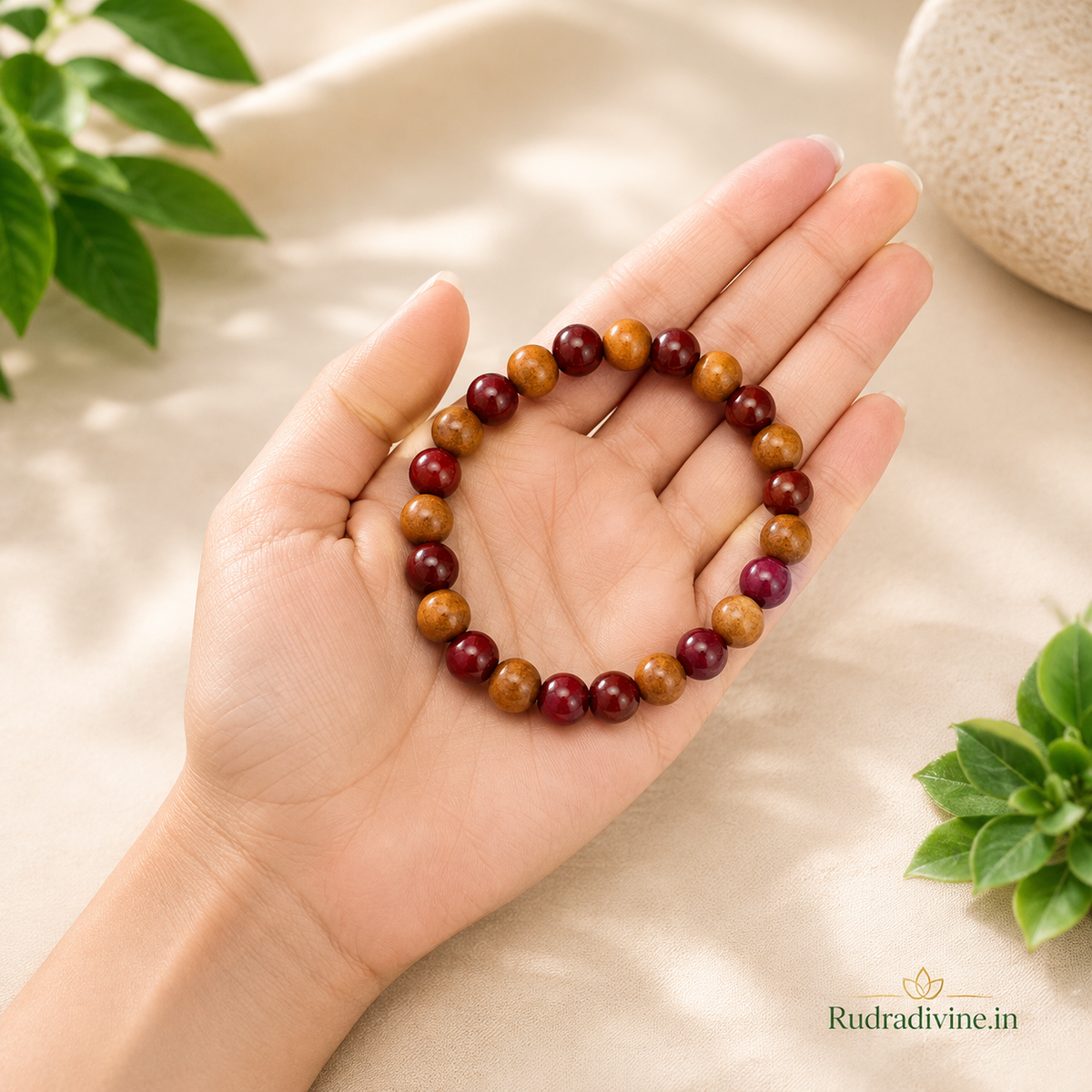 Natural White & Red Sandalwood Bracelet 8MM beads with official Lab Certificate by Rudradivine, designed for meditation, prayer, puja and traditional spiritual wear.